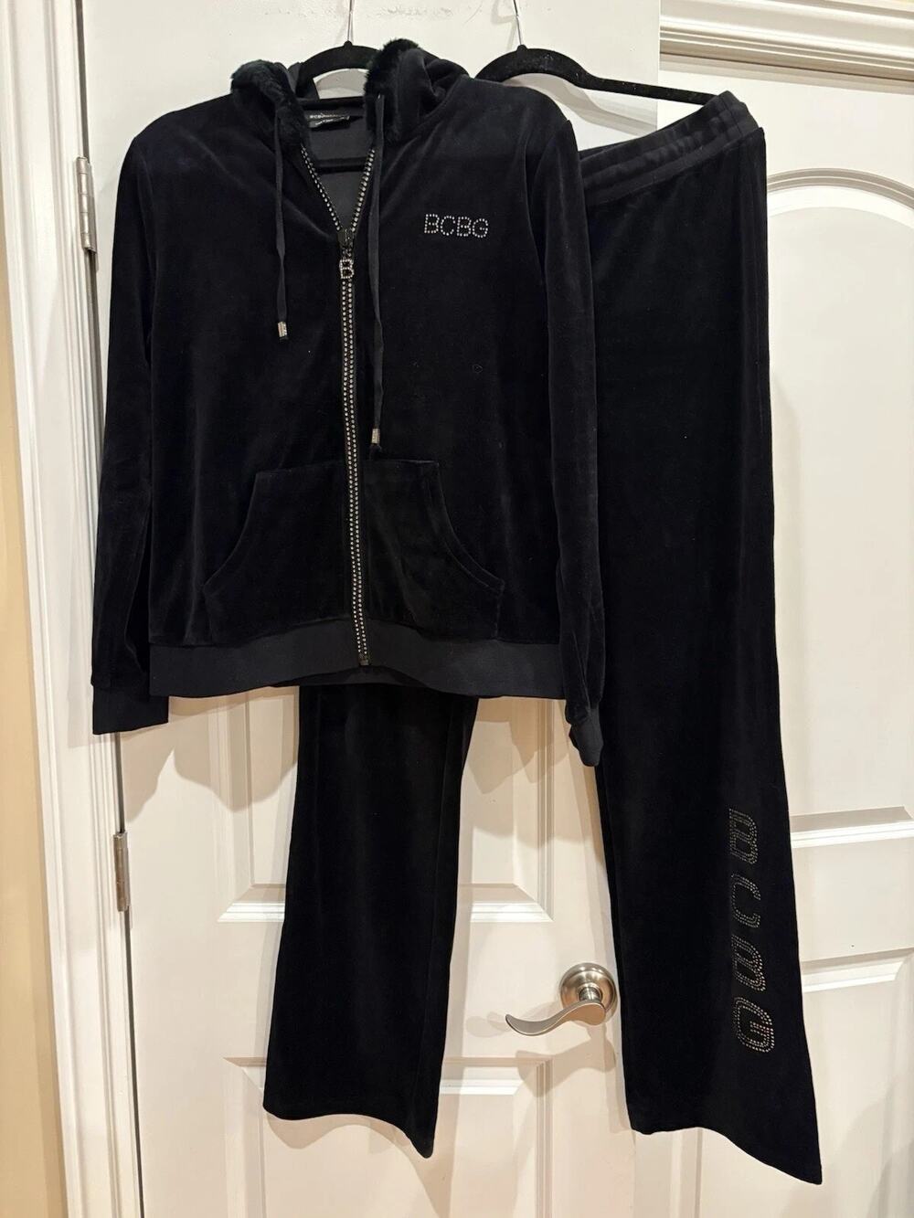 bcbg maxazria Black Velour Bling tracksuit jacket hood And pants 2pc set XL NEW